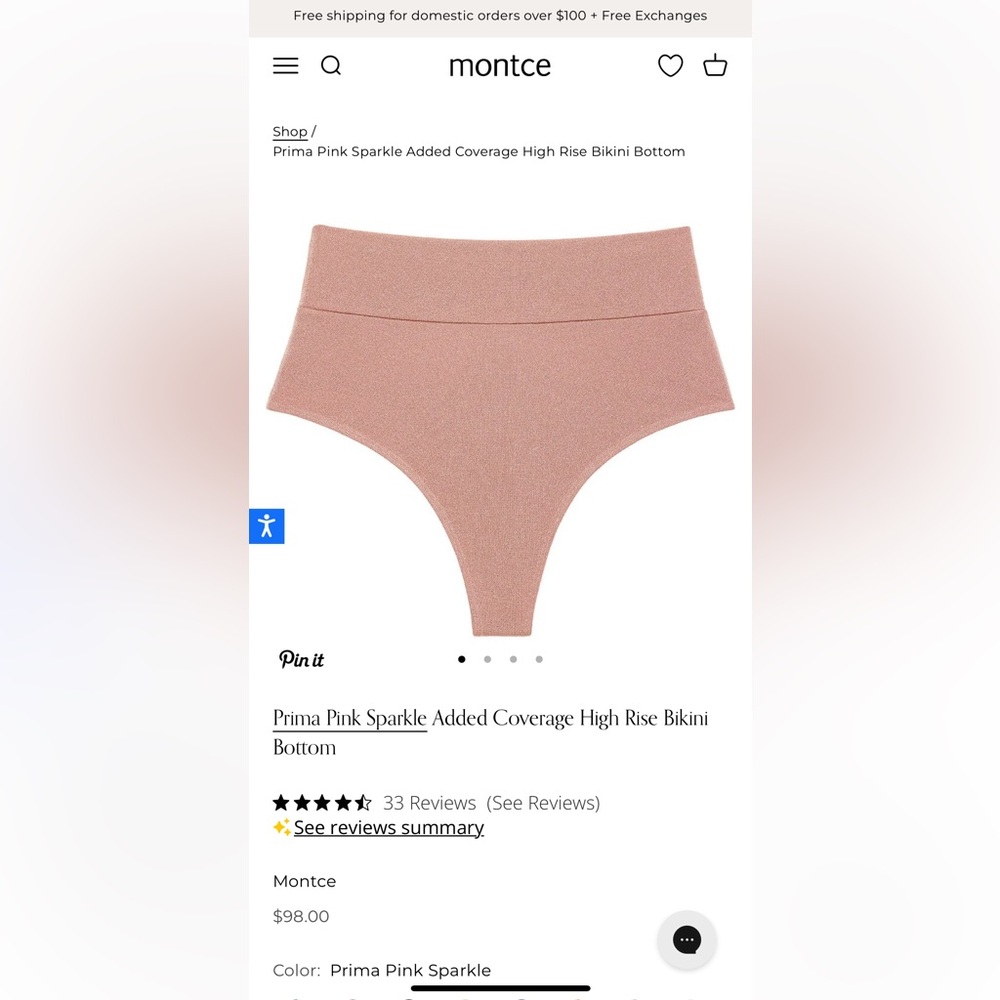 Montce Prima Pink Sparkle Full Coverage High Rise Bikini Bottom